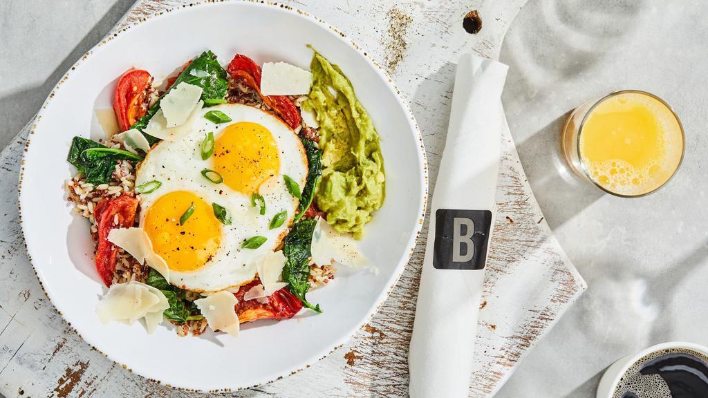 Farm Stand Breakfast Bowl · 610 Cal Choice of quinoa + brown rice blend or breakfast potatoes, oven roasted tomatoes, seasoned baby kale, avocado mash, topped with two cage-free eggs your way
