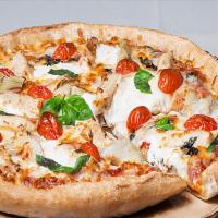 Chicken Supreme Pizza · Artichoke hearts, chicken breast, ricotta and mozzarella cheeses, roasted garlic, fresh toma...