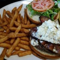Bleu Cheese & Bacon Burger · Half pound. Burger with tasty bleu cheese and crispy applewood smoked bacon on our toasted b...