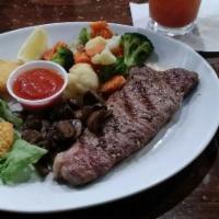 Angus New York Strip Steak (9Oz)& 3 Jumbo Fried Shrimp · Served with choice of potato and sautéed garden vegetables.
