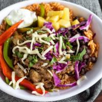 Pork Carnitas Fajita Bowl · slow-cooked pork carnitas, mexican rice, fajita jalapeno veggies, black beans, fresh pineapp...