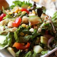 The Fall Crunch · Vegetarian option available. Mixed greens, cucumber, green apple, red pepper, onion, corn, F...