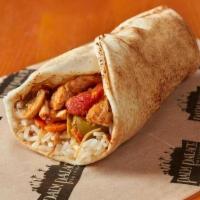 Chicken Ghallaba Sandwich · Tender strips of chicken and vegetables, sautéed with herbs and spices, rolled in pita with ...