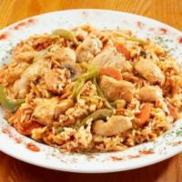 Garlic & Almond Rice Chicken Ghallaba · Stir fry. Chicken tips sautéed with vegetables, mushrooms and mixed with almonds, rice and g...