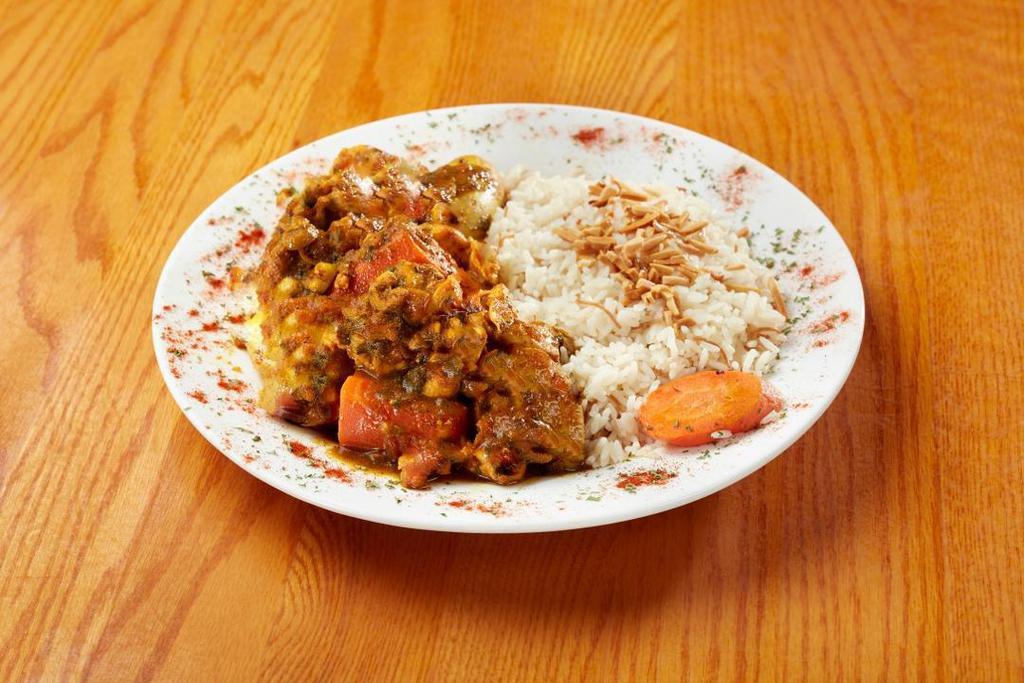 Moroccan Stew · Tender Lamb, potato goldenlite, sweet potato, carrots, onions, parsley, cilantro and green olives.