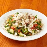 Small Mediterranean Salad · Cucumber, tomatoes, onions, parsley, feta, and Zataar tossed with our house dressing