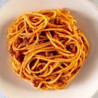 Spaghetti Bolognese · An Italian classic! Barilla Spaghetti in our homemade, Bolognese sauce, topped with grated p...