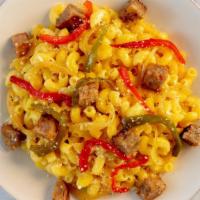 Chicago Style Mac & Cheese · Barilla Cellentani (aka Cavatappi) with a rich cheese sauce, peppers, onions and black peppe...