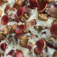 The Wise Guy · Pepperoni, Italian sausage, meatball, Canadian bacon, ground beef, breakfast bacon.