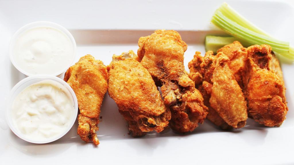 Wings · Gluten-free. Bone-in wings. Served with buttermilk ranch or bleu cheese dressing and celery sticks.