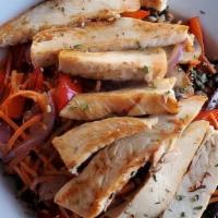 Grilled Chicken & Port · Blend of brown and red rices, quinoa and kale tossed with soy garlic port sauce. Layered wit...