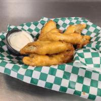 Flash Fried Pickles · Battered and deep fried with ranch on the side