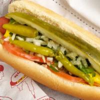 Hot Dog · Mustard, onions, relish, tomatoes, pickles, celery salt and sport peppers.