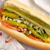 Jumbo Hotdog · Mustard, onions, relish, tomatoes, pickles, celery salt and sport peppers.