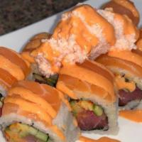 Orchard · spicy tuna, cucumber, topped with salmon, crab salad, spicy mayo.

Consuming raw or undercoo...