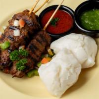 Ablo · Sweet rice dumpling served with Seasoned skewers of beef grilled served with spicy chutney a...