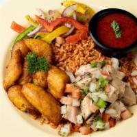 Jeloff Rice · Red Rice with Grilled Chicken served with a hearty red tomato sauce, veggies and plantain, a...