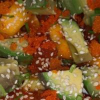 Poke Bowl · Tuna or salmon, cucumber, avocado, and mango. Tossed in a sesame oil dressing with masago, s...
