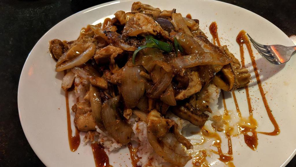 Teriyaki Don · Shiitake mushrooms, onions, stir-fried, and served over white rice. Includes a choice of miso soup, clear soup, and house salad.
