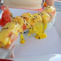 Wild Caterpillar Maki · Tempura shrimp, cucumber, cream cheese, topped with avocado, crab, sesame seeds, and spicy m...