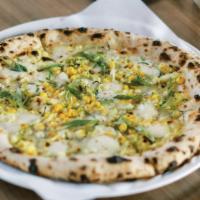 Grilled Corn · Corn thyme cream, gorgonzola, fresh mozzarella, grilled corn, shaved brussels sprouts, scall...
