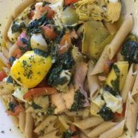 Chicken Genova · Sautéed mushrooms, spinach, tomatoes, capers and artichoke hearts with wine lemon sauce over...