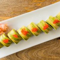 Green Lantern Roll · Spicy yellowtail and cucumber topped with avocado and tobiko.