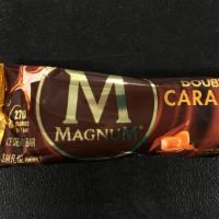 Magnum Double Caramel · Vanilla bean ice cream dipped in a chocolaty coating, caramel sauce and milk chocolate!