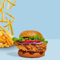 Bully Bbq Crispy Chicken Sandwich · Crispy chicken, swiss cheese, avocado, caramelized onions, tomatoes, and barbecue sauce serv...