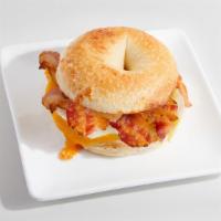 Bagel Sandwich - Bacon, Egg & Cheese · Made to order breakfast sandwich. Toasted bagel filled with bacon egg & cheese.