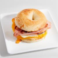 Bagel Sandwich - Ham, Egg & Cheese · Made to order breakfast sandwich. Toasted bagel filled with Ham, Egg & Cheese.