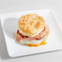 Bagel Sandwich - Ham, Egg & Cheese · Made to order breakfast sandwich. Flaky biscuit filled with Ham, Egg & Cheese