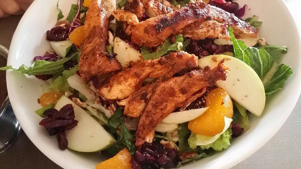 Leando'S Salad · A flavor explosion featuring apples, mandarin oranges, dried cranberries, feta cheese, and pecans mixed together in romaine lettuce, and topped with chicken breast, then served with balsamic vinaigrette.