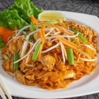 Phad Thai · Our signature dish, a rice noodle stir-fried with cabbage, eggs, bean sprouts, & scallions i...