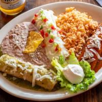 Enchiladas Plate · Shredded beef, ground beef, chicken or cheese.  Suizas with a mild red pepper sauce, verdes ...