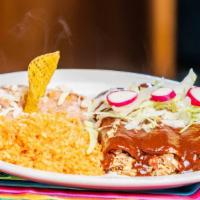 Tapalpa Style Enchiladas · Crispy corn tortillas with chicken, topped with mole, lettuce, onion, queso anejo.