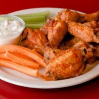 Indy-Style Hot Wings (10 Pieces) · Jumbo-sized wings, fried, grilled or ricky bobby. Served with carrots, celery and your choic...