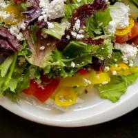 Side Salad (Gf & V W/Out Feta)) · Organic greens, cucumbers, tomatoes, banana peppers, feta, kalamata olives, and red wine vin...
