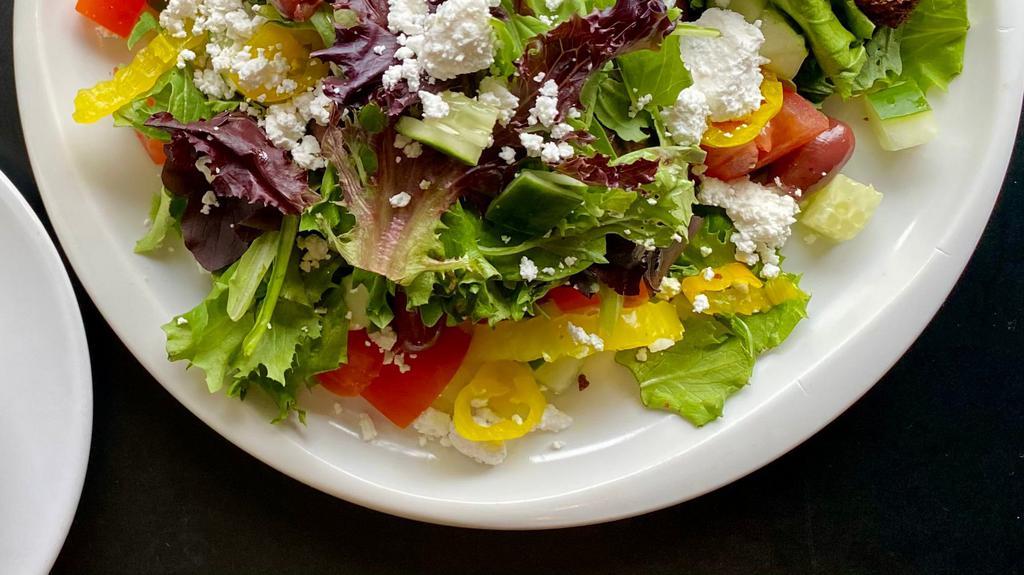 Side Salad (Gf & V W/Out Feta)) · Organic greens, cucumbers, tomatoes, banana peppers, feta, kalamata olives, and red wine vinaigrette. Vegan with no cheese. Gluten Free