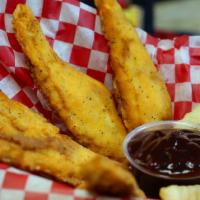 Chicken Strips · Served with bbq or ranch sauce.