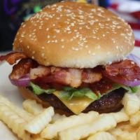 Bacon Cheeseburger · Choice of onion rings or french fries.