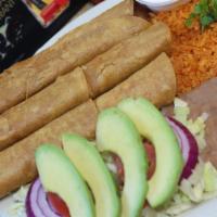 Flauta (3) · Served with sour cream, rice & beans, choice of chunky beef or chicken.