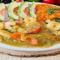 Camaron A La Diabla · Shrimp sautéed in a spicy sauce served with potatoes. Choice of green or red sauce.