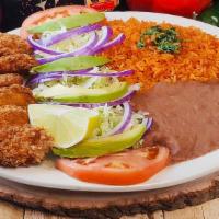 Breaded Shrimp (6) · Served with small side salad, choice of fries or rice & beans with choice of corn or flour t...