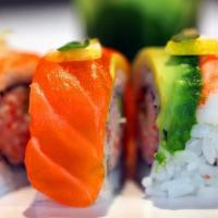 Rainbow · Avocado, crabmeat and cucumber wrapped with salmon, tuna, white tuna, snapper, shrimp and av...