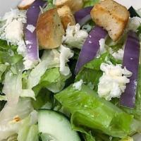 Side-House Salad · romaine and iceberg lettuce topped with mozzarella cheese, cucumbers, tomatoes, red onion, a...