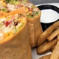 Buffalo Chicken Wrap · buffalo chicken tenders, Monterey jack, cheddar, shredded romaine, diced celery, tomato, and...