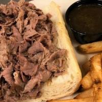 Italian Beef · a Chicago classic. slow roasted beef sliced thin and simmered in au jus.