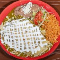 Enchiladas Verdes · 3 enchiladas topped with green sauce, melted cheese, sour cream and filled with your choice ...
