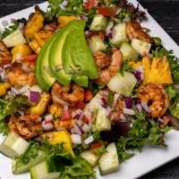 Grilled Shrimp Salad · Shrimp, pineapple, pico de gallo, cucumber and avocado